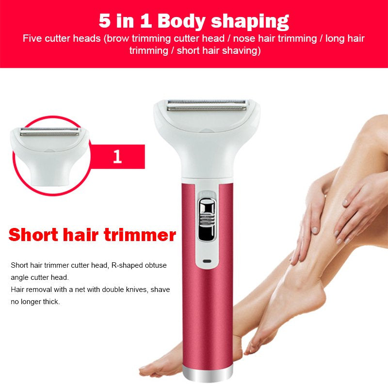 5 in 1 Women Electric Razor Cordless Hair Removal Ladies Shaver Painless Body Hair Trimmer Remover for Bikini Facial Nose Ear Eyebrows Leg Armpit Clipper Grooming Groomer Kit