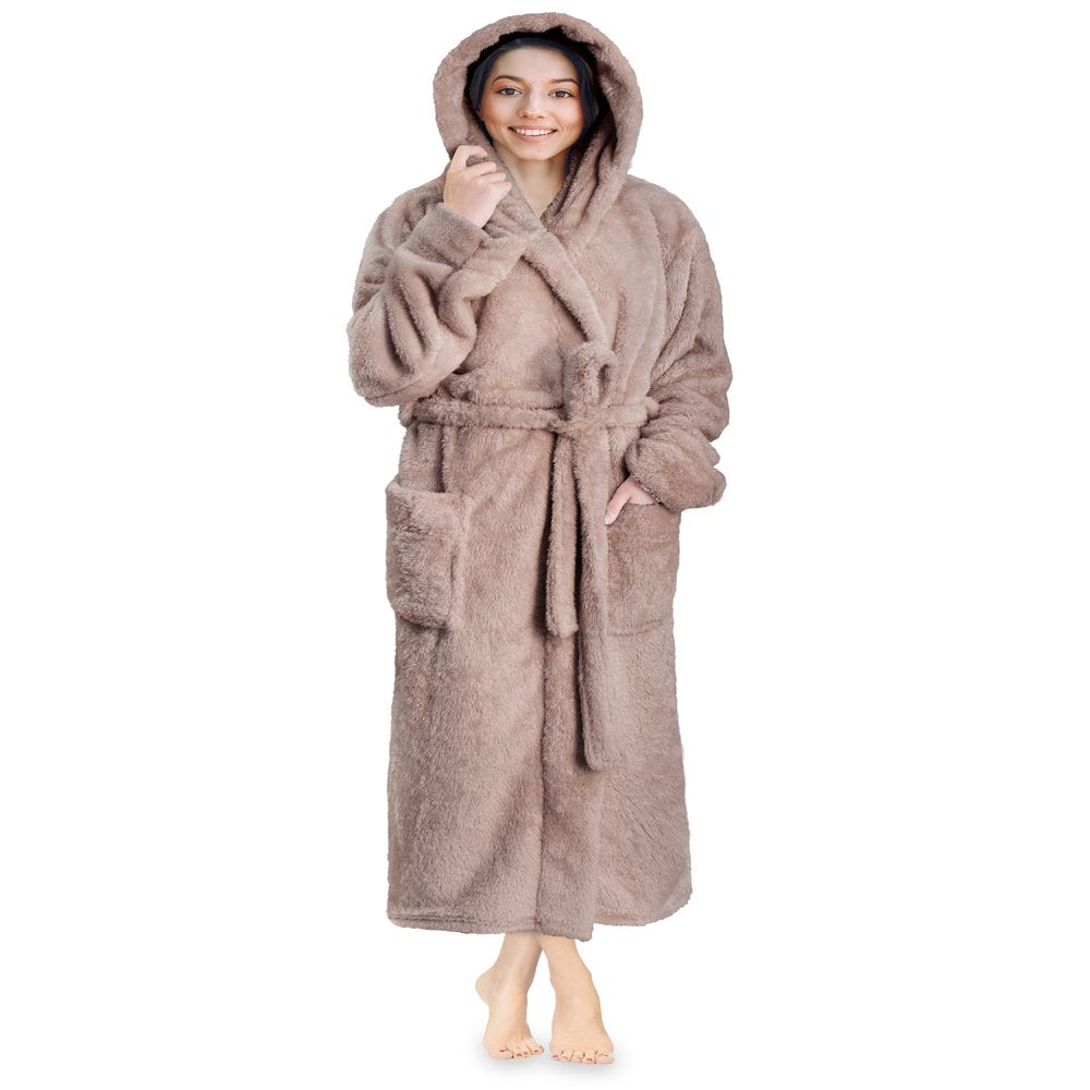 PAVILIA Women Hooded Plush Soft Robe | Fluffy Warm Fleece Sherpa Shaggy Bathrobe (S/M, Black)