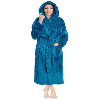 PAVILIA Women Hooded Plush Soft Robe | Fluffy Warm Fleece Sherpa Shaggy Bathrobe (S/M, Black)