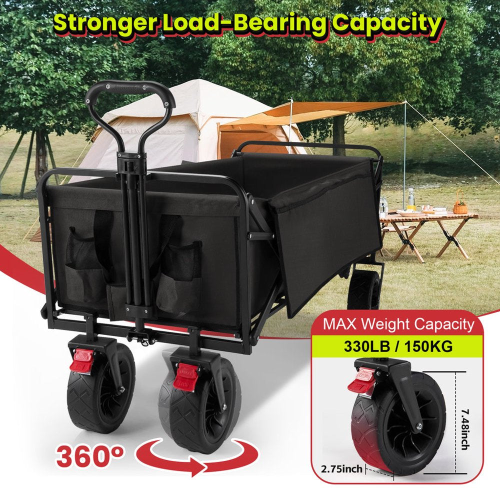 Super Large Collapsible Garden Cart,  Folding Wagon Utility Carts with Wheels and Rear Storage, Wagon Cart for Garden, Camping, Grocery Cart, Shopping Cart, Black