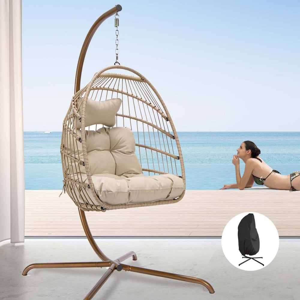 Nicesoul Foldable Wicker Hanging Egg Chair with Stand and Cover, Beige 350 Lbs Maximum Weight