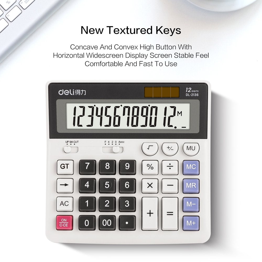 12-Digit Desktop Calculator, Dual Power, Extra Large LCD Display, White