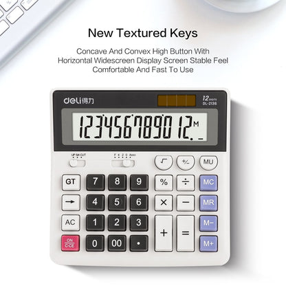 12-Digit Desktop Calculator, Dual Power, Extra Large LCD Display, White