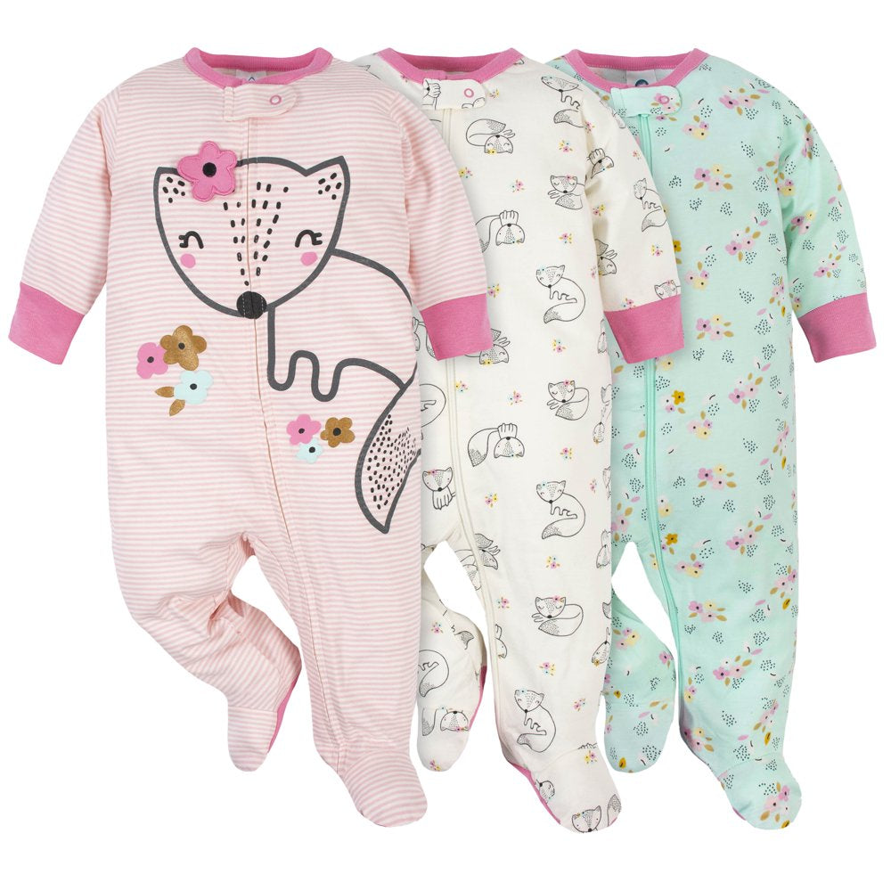 Gerber Girls' Long Sleeve Footed Sleep N' Plays, 3-Pack, Sizes Newborn - 6/9M