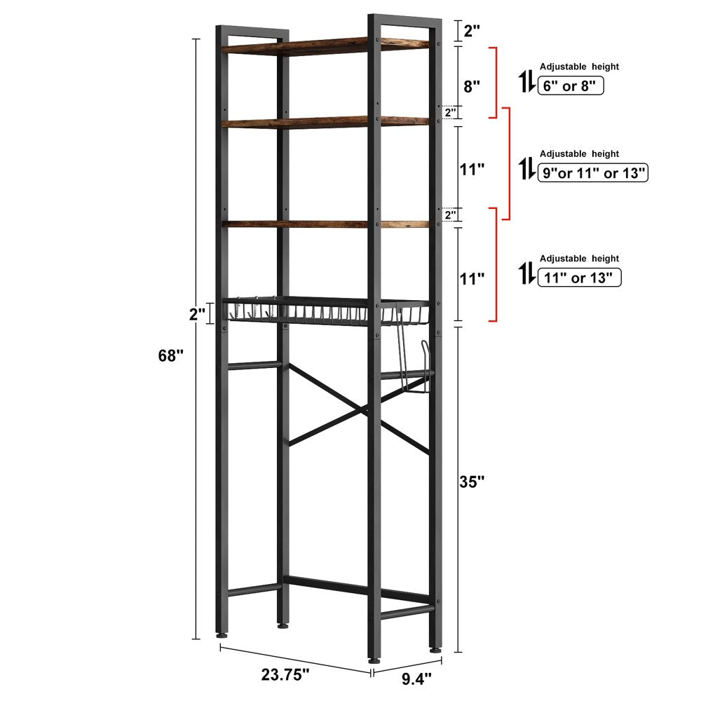 Kalrin Over The Toilet Storage Shelf, 4-Tier Wooden Bathroom Organizer Adjustable Saver Space Rack with Toilet Paper Holder, Black