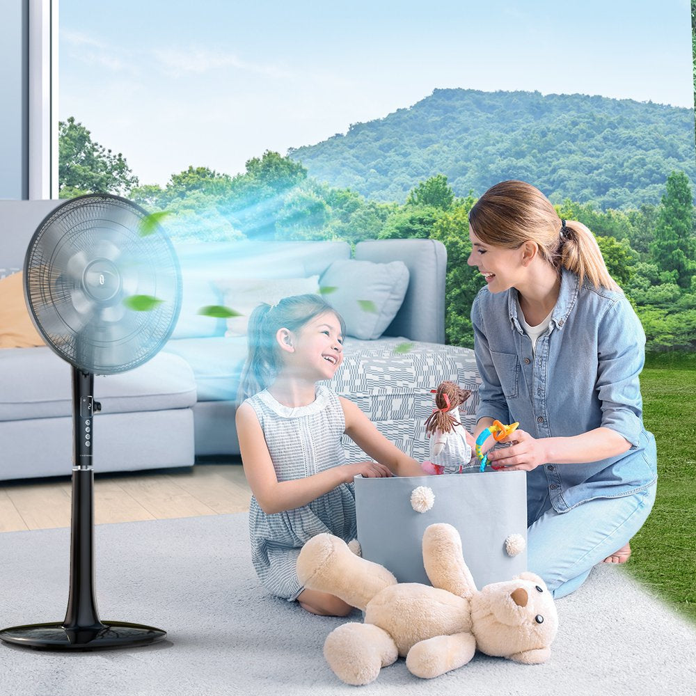 Taotronics Pedestal Fan, 16" Adjustable Oscillating DC Fan with Remote, 12-Speed, 3-Modes, Less Noise Cooling Fan, Black