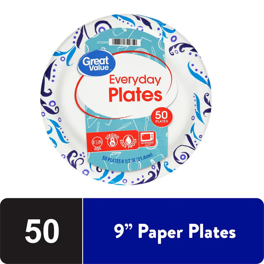 Great Value Everyday Strong, Soak Proof, Microwave Safe, Disposable Paper Plates, 8.5", Patterned, 50 Count