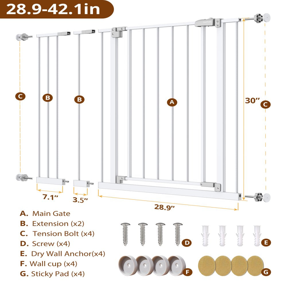 Extra Wide Baby Safety Gate for Stairs and Doorway,28.9-42.1"Wide,30" Tall Pressure Mounted,for ages 6 to 36 months,White