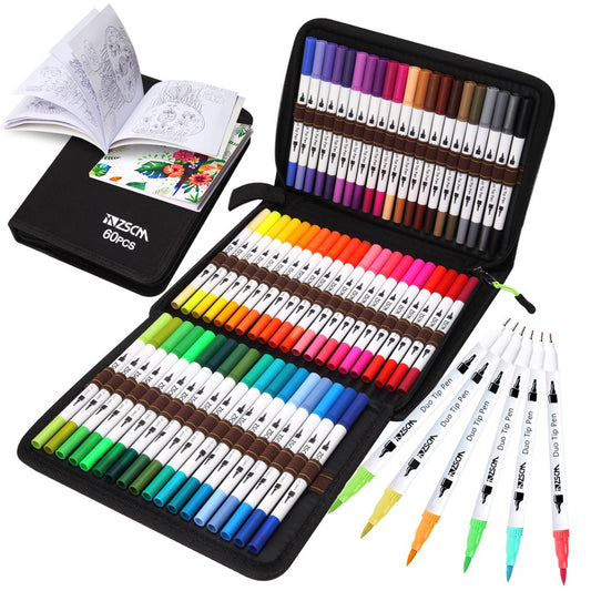  Art Markers Coloring Duo Brush Markers , 60 Colors Fine& Brush Tip Artist Drawing Markers Set with Coloring Book, for Kids Adult Sketching Bullet Journal School Activities Supplies Child Gifts