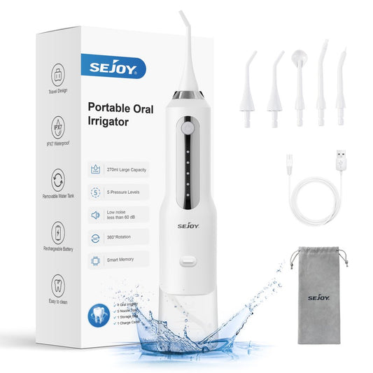 Sejoy Cordless Water Flosser Dental Teeth Cleaner, Professional 270ML Tank USB Rechargeable Dental Oral Irrigator for Home and Travel, 5 Modes 5 Jet Tips, IPX7 Waterproof, Easy-to-Clean,White