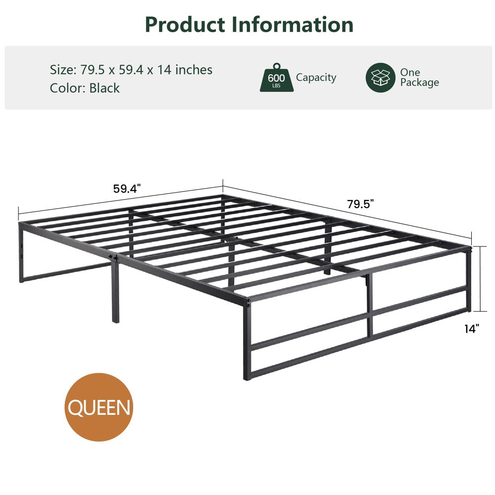 Amolife Queen Size Metal Platform Bed Frame with Solid Metal Slat Support, Black