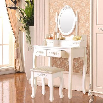 Ktaxon Elegance White Dressing Table Vanity Table and Stool Set Wood Makeup Desk with 4 Drawers & Mirror