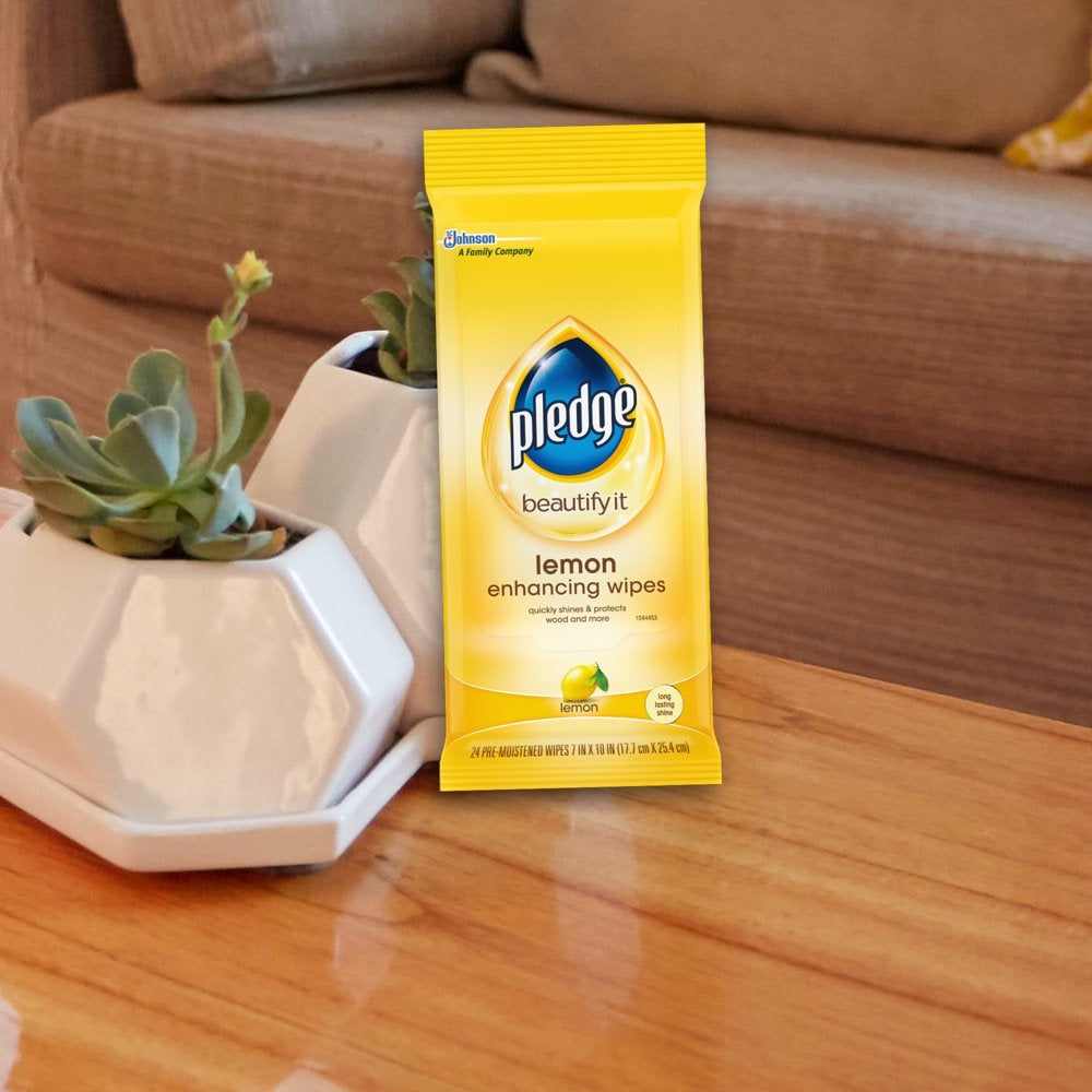 Pledge Beautify It Lemon Enhancing Wipes - Conveniently Dust, Clean and Shine Wood, Stainless Steel and More, 24Ct