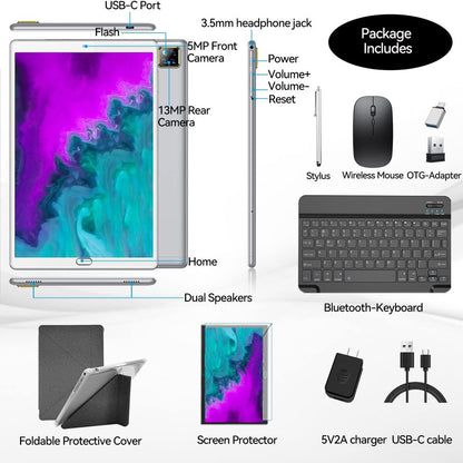 Tablet 10 Inch Android Tablet Android 11.0 Tablet with Keyboard Wireless Mouse Case Stylus,5G Wifi Tablet,4Gb RAM 64GB ROM Storage,128Gb Expandable,Quad Core Processor,White Tablet,Back-To-School Gift