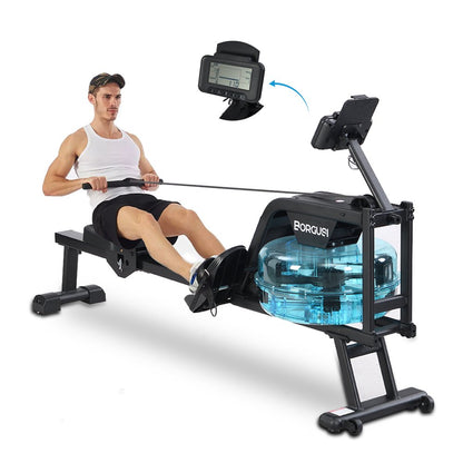 Water Rowing Machine with Tablet Holder, LCD Monitor, Comfortable Seat Cushion, Foldable Indoor Exercise Rower Machine, Max 350 lbs Weight Capacity for Home Use