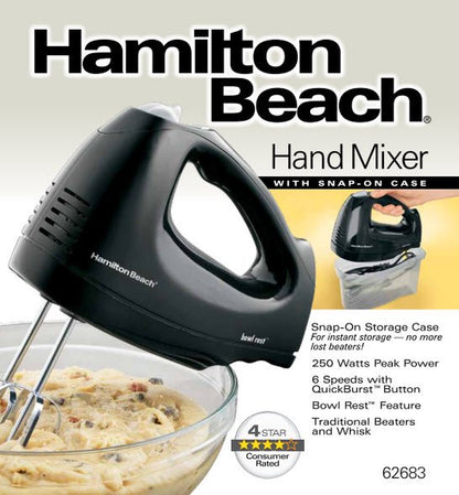 Hamilton Beach 6-Speed Hand Mixer with Snap-On Case, Black, Model 62683