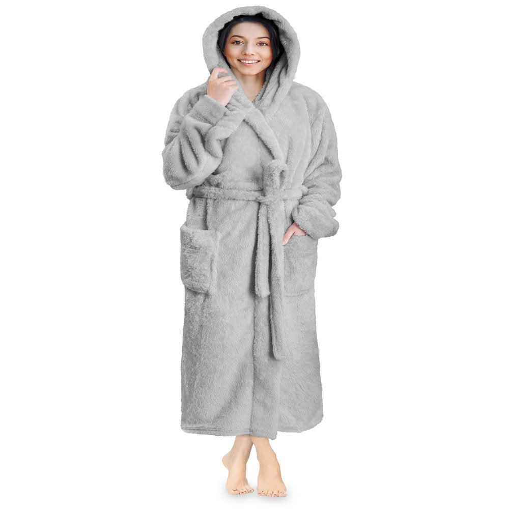 PAVILIA Women Hooded Plush Soft Robe | Fluffy Warm Fleece Sherpa Shaggy Bathrobe (S/M, Black)