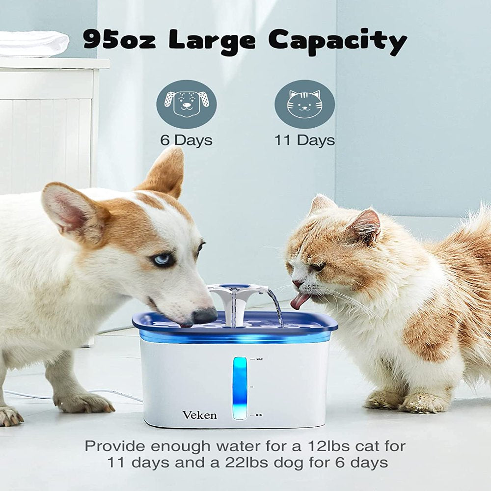 Veken 95Oz/2.8L Pet Fountain, Cat Dog Water Fountain Dispenser with Smart Pump,Blue