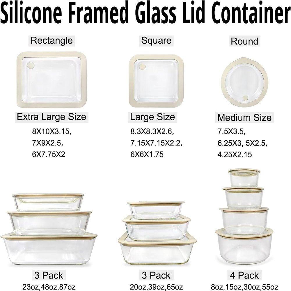 Glass Food Container Set with Glass Lid, Large Size 3 Pack, Glass Food Storage Containers with Silicone Framed Glass Lid, Airtight, LeakProof, 100% Plastic Free Glass Lid Container Set. Glass Meal...