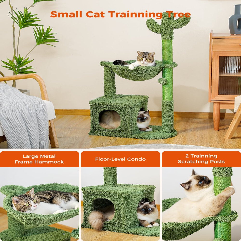 PAWZ Road Cactus Cat Tree Condo 39.4" with Hammock Perch, Cat Sisal Scratching Post for Indoor Kitty Medium Cats,Green