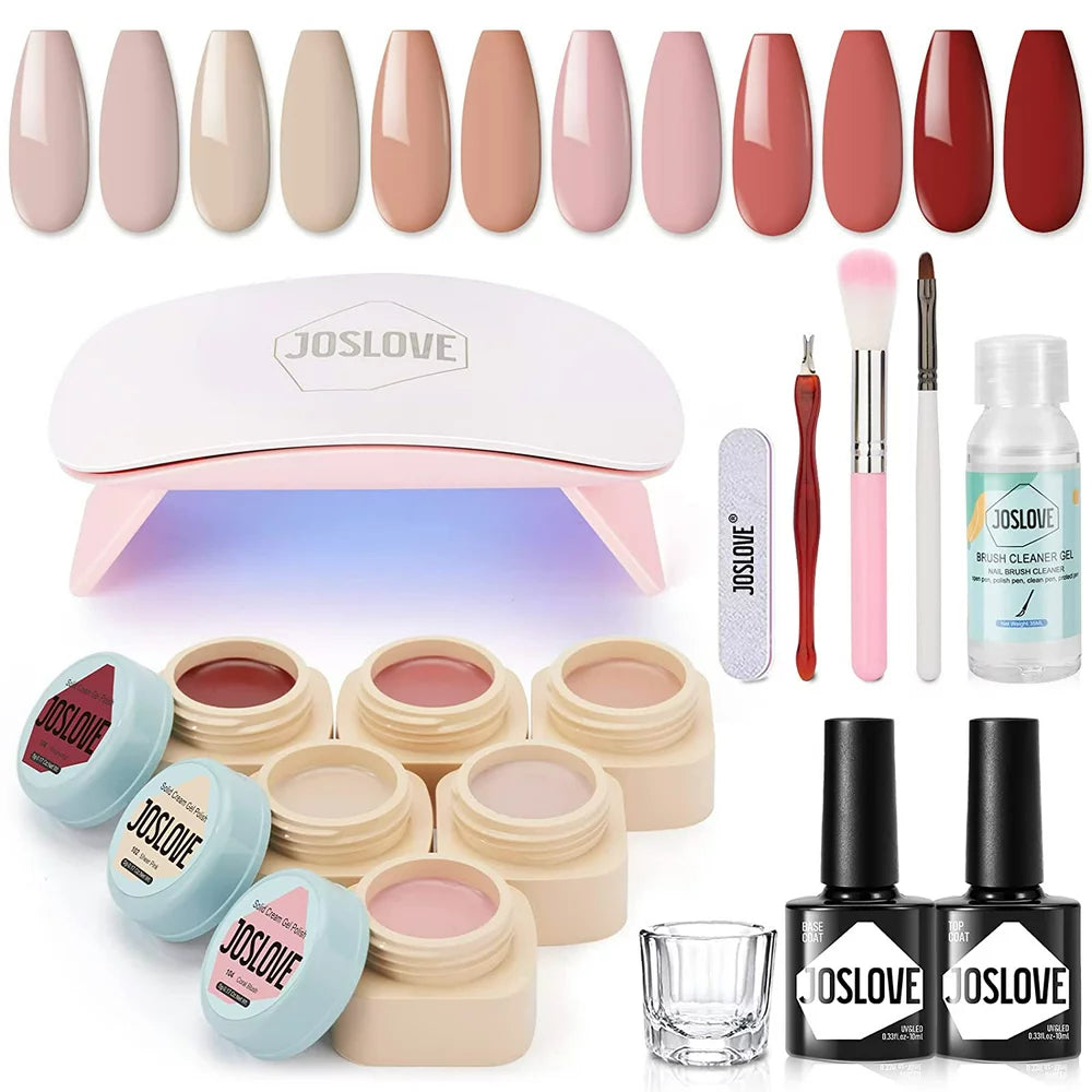 6 Colors Solid Gel Nail Polish Kit with U V Light and Base Top Coat, Nude Collection Cream Pudding Gel Nail Polish Set DIY Home Manicure