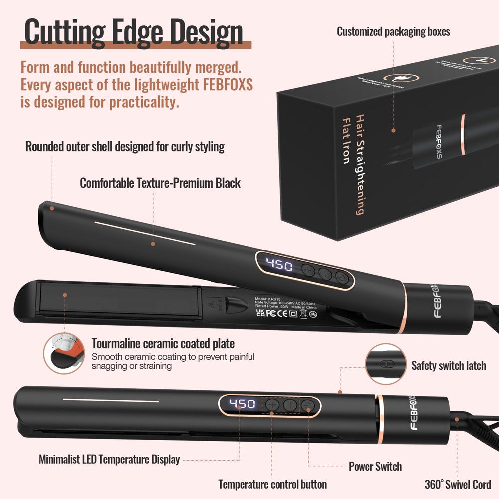  Professional Flat Iron 2 in 1 Hair Straightener & Curling Iron Styling Tool,5S Fast Heat 1" Ceramic Flat Iron,Adjustable Temp,Led Display,Black