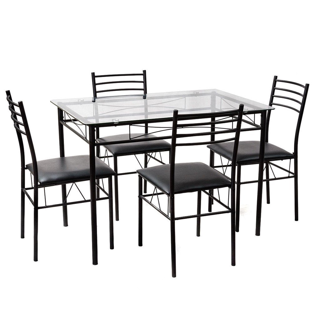 Gymax 5 Piece Dining Set Glass Top Table & 4 Upholstered Chairs Kitchen Room Furniture