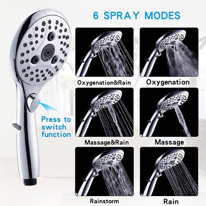 VXV Bathroom Handheld Shower Head with on off Switch, 6 Spray Setting Removable Hand Held Showerheads with 6 FT Stainless Steel Hose and Adjustable Angle Bracket(Chrome)