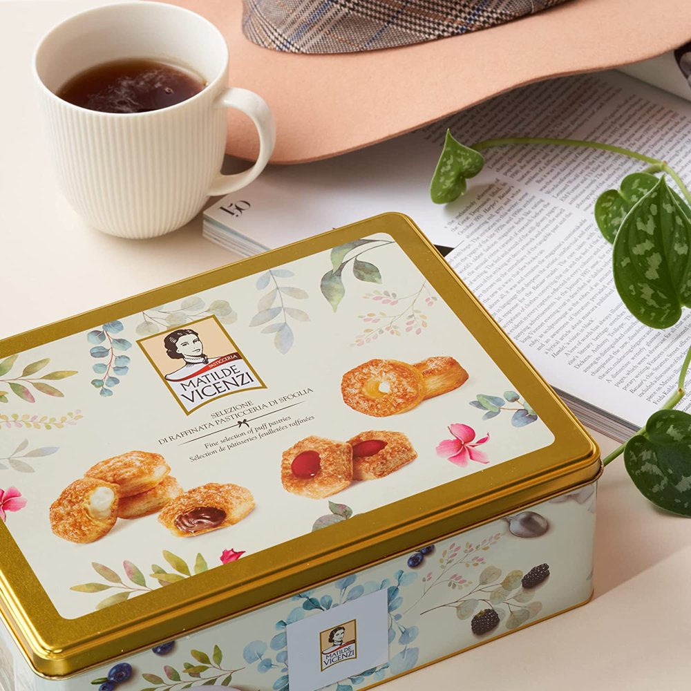 Pasticceria Matilde Vicenzi 5 O'Clock Tea Time Cookie Assortment Gift Tin, Variety of Butter Flaky Pastries, Chocolate & Vanilla Creme Filled Gourmet Cookies, Bakery Snacks Made in Italy, 375g