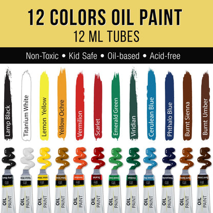  28-Piece Artist Oil Painting Set with 12 Vivid Oil Paint Colors, 12" Easel, 3 Canvas Panels, 10 Brushes, Painting Palette, Color Mixing Wheel - Fun Students, Adults Starter Art Kit