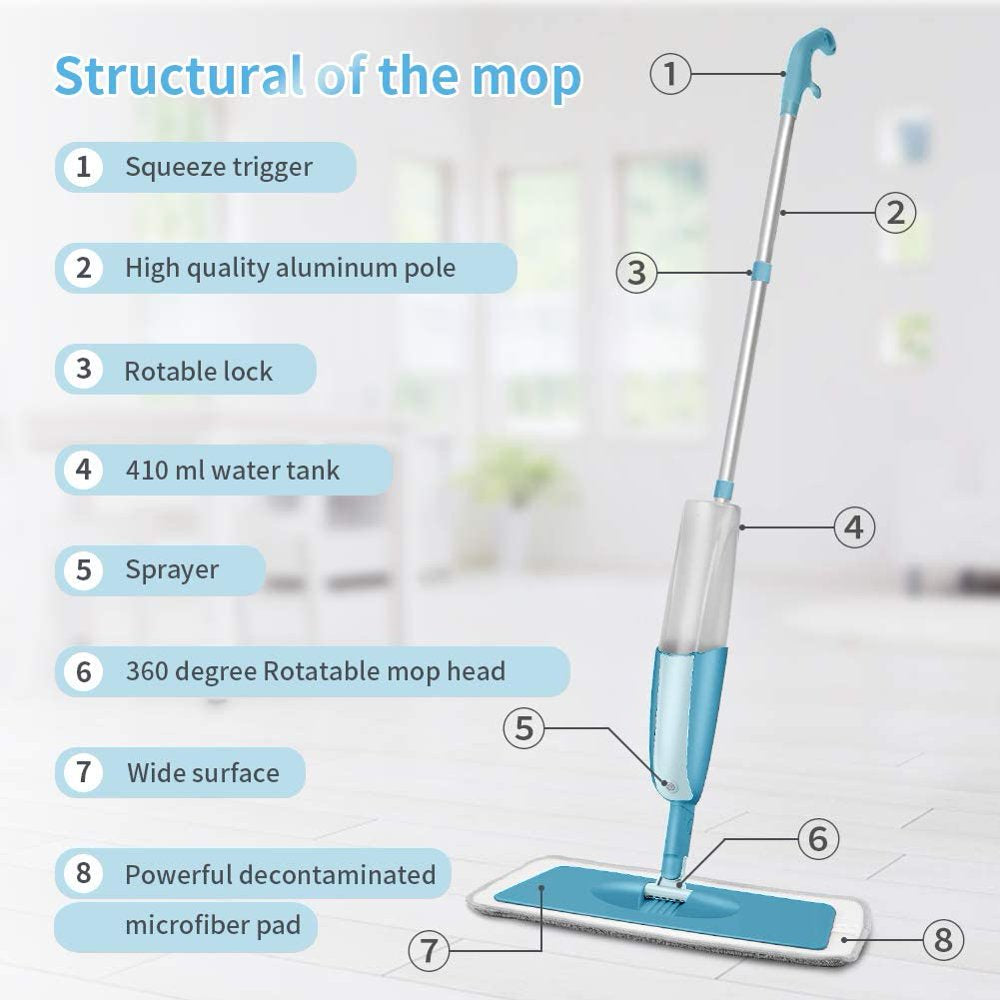 SUGARDAY Microfiber Spray Dust Mop for Floor Cleaning with Washable Pads Wet Dry Mop