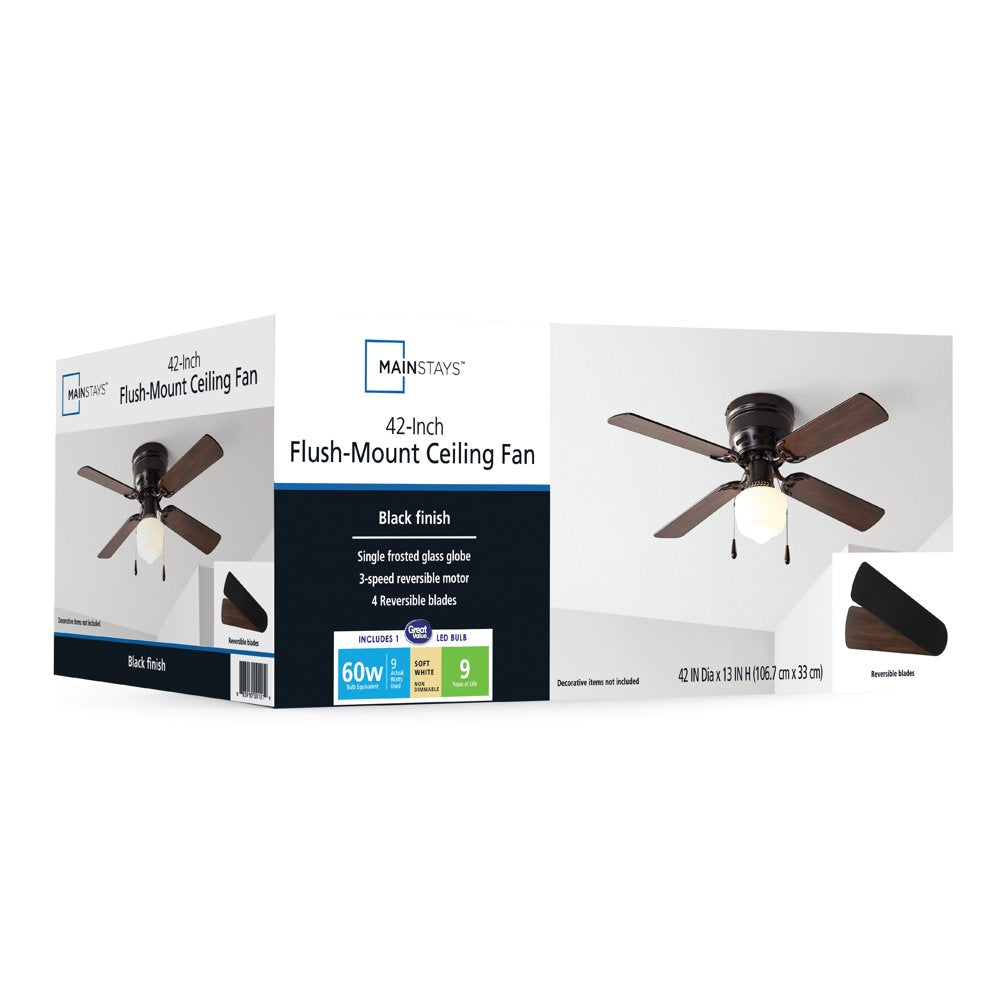 Mainstays 42 Inch Hugger Indoor Ceiling Fan with Light Kit, Black, 4 Blades, Reverse Airflow