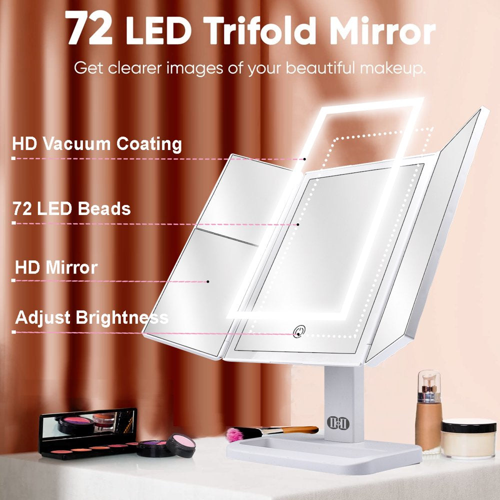 Tri-Fold Lighted Vanity Makeup Mirror with 72 LED Lights, Touch Screen and 3X/2X/1X Magnification, Two Power Supply Modes Make up Mirror,Travel Mirror