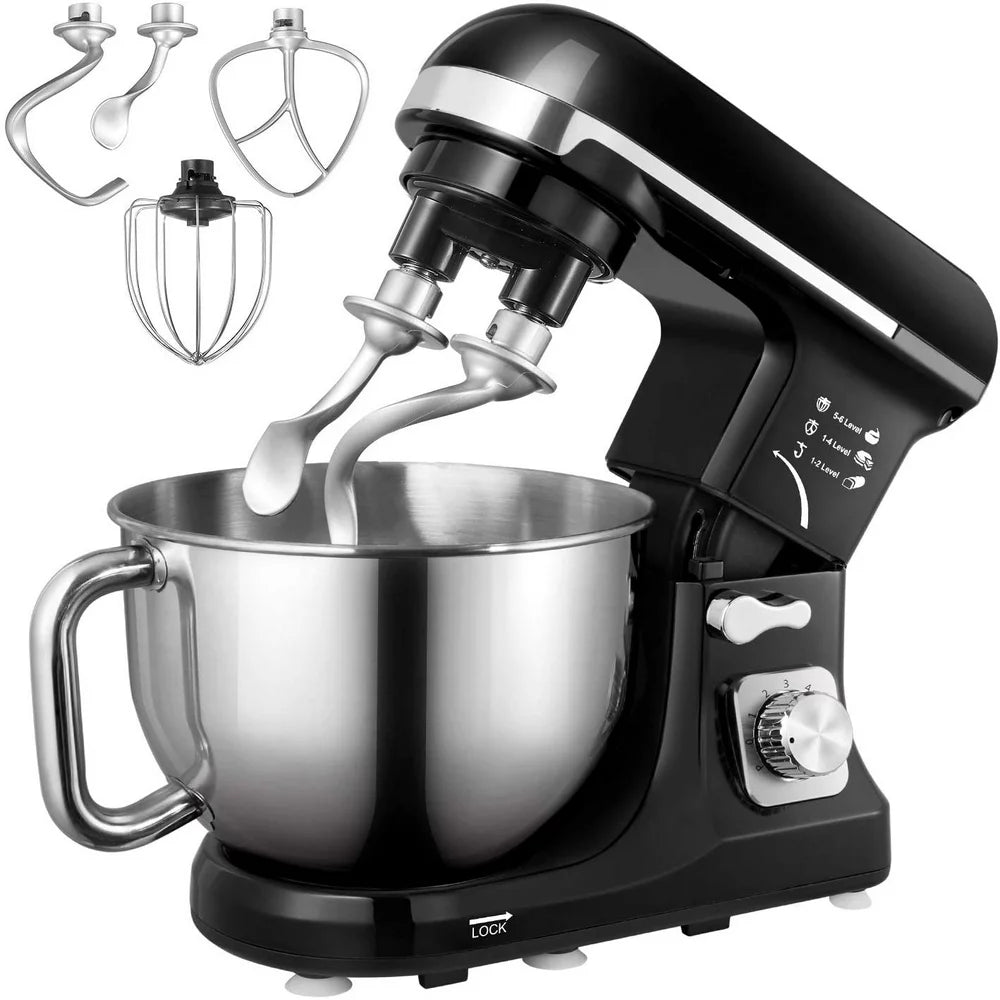 Stand Mixer with Double Hook, 6 Speeds, 5.5Qt Stainless Steel Bowl, Beater and Whisk Black