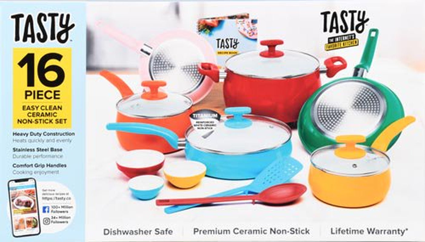 Tasty Ceramic Titanium-Reinforced Non-Stick Cookware Set, Multicolor, 16 Piece