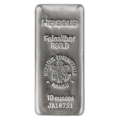 10 oz Heraeus Silver Bar .9999 Fine (w/COA)