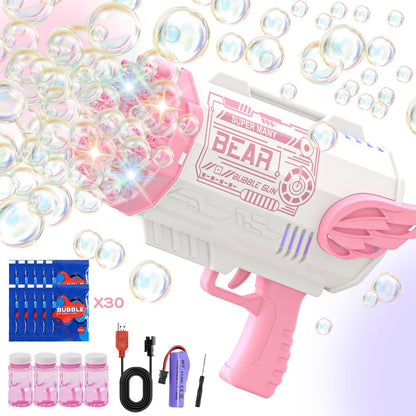 Bubble Machine, 110 Holes Automatic Bubble Gun Toys with Colorful Lights and 4 Refill Solution for Kids, Pink