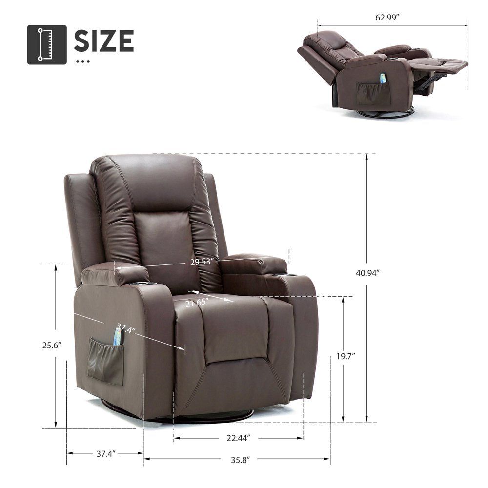 ComHoma Recliner Chair PU Leather Rocking Sofa with Heated Massage, Brown