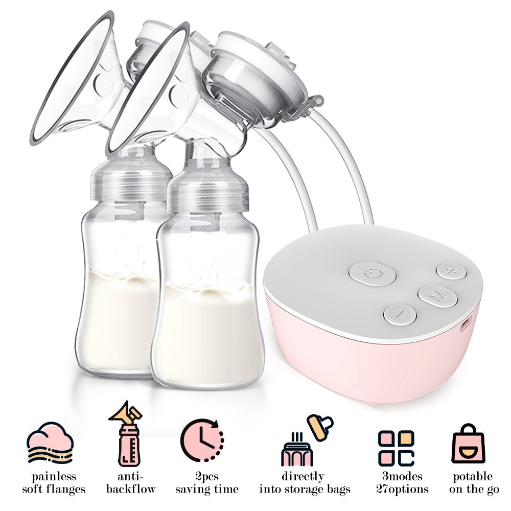 Double Electric Breast Pump, Rechargeable Portable Dual Breastfeeding Pump Anti-Backflow with Milk Collect Function Strong Suction 3 Modes 9 Levels, Pink