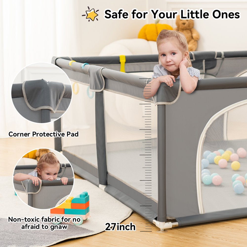 Baby Playpen, 59x71'' Large Baby Playard, Infant Activity Center with Anti-Slip Base, Gray