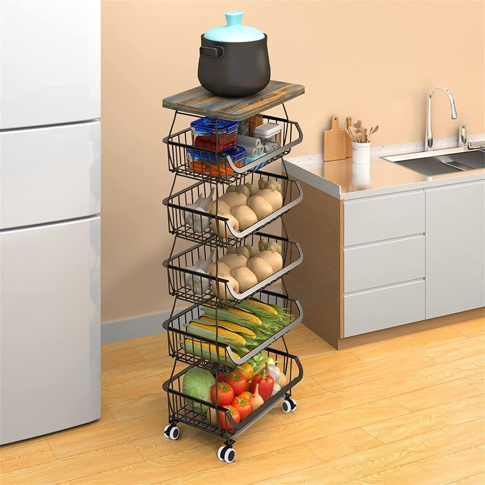 6-Tier Multifunction Fruit Vegetable Rack, Stackable Rolling Cart with Solid Wood, Kitchen Storage Rack