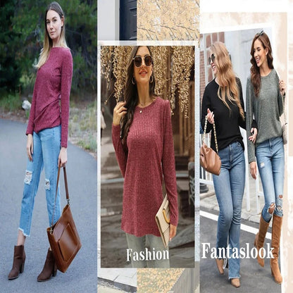 Fantaslook Long Sleeve Shirts for Women Crew Neck Casual Tunic Tops Lightweight Pullover