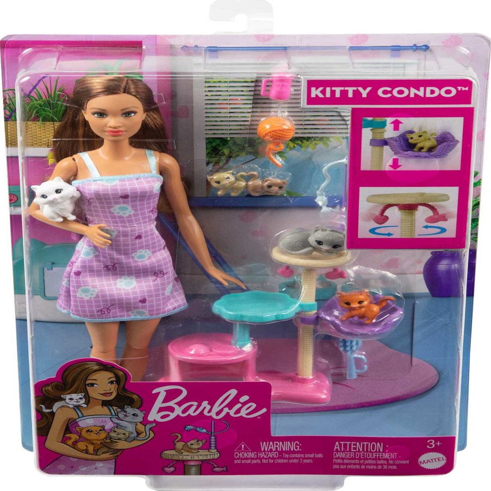 Barbie Kitty Condo Playset with Brunette Fashion Doll, 4 Kittens, Cat Tree & Accessories