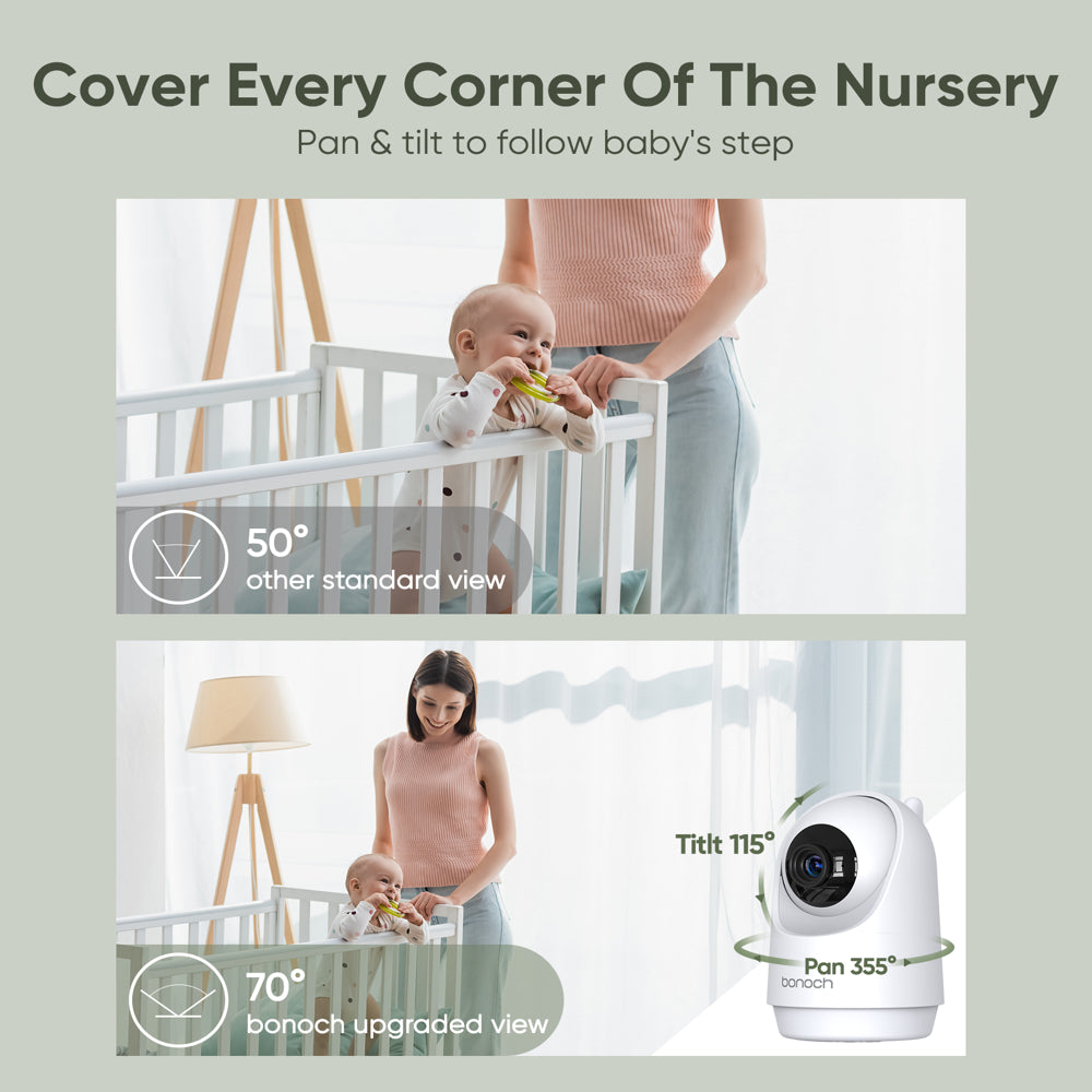 bonoch Baby Monitor with 2 Cameras 7" 720P HD LCD Split Screen Video Audio No WiFi Auto Night Vision