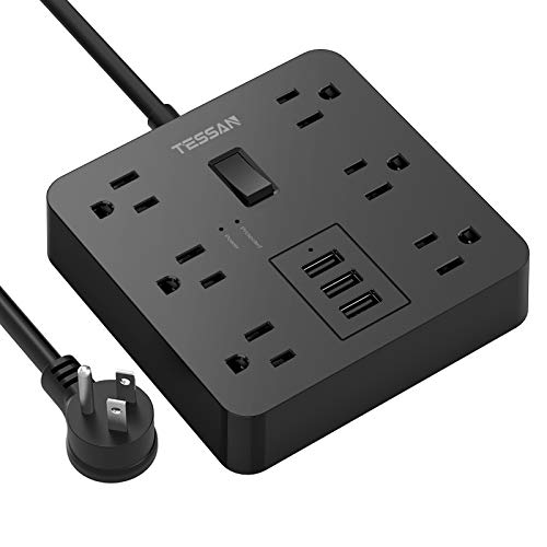 Surge Protector Power Strip Black, TESSAN 5 Ft Extension Cord with 6 Outlets 3 USB Charger, 1700J Flat Plug Desktop Charging Station for Home, Office, School, College Dorm Room Essential