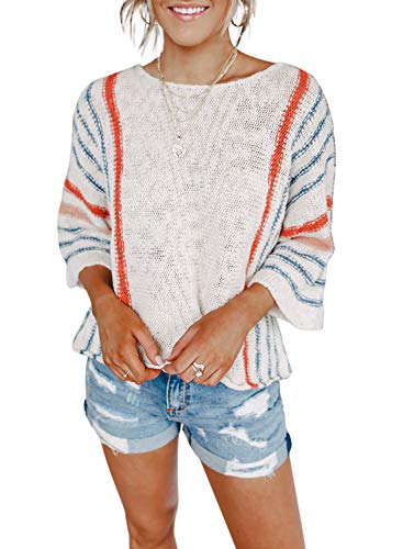 Dokotoo Womens Ladies Plus Size Cute Casual Summer Fall 2023 Crewneck Color Block Striped Wide 3/4 Sleeve Oversized Lightweight Comfy Cozy Cable Knit Beach Pullover Sweaters for Women Tops Shirts 2XL