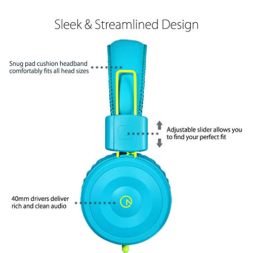 Kids Headphones-noot products K22 Foldable Stereo Tangle-Free 5ft Long cord 3.5mm Jack Plug in Wired On-Ear Headset for iPad/Amazon Kindle,Fire/Boys/Girls/Laptop/School/Travel/Plane/Tablet (Teal/Lime)