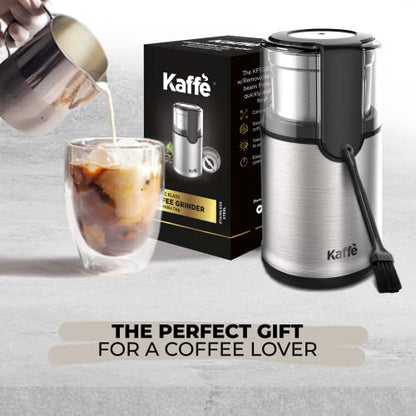 Kaffe Electric Coffee Bean Grinder w/Removable Cup & Cleaning Brush. Easy On/Off Operation for Espresso, Cold Brew, Herbs, Spices, Nuts. (14 Cup / 3.5oz) Stainless Steel