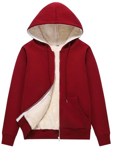 Flygo Women's Casual Warm Thick Sherpa Lined Full Zip Hooded Sweatshirt Jacket Outerwear (X-Small, Wine Red)