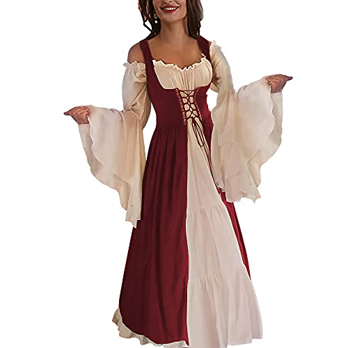 Abaowedding Womens's Medieval Renaissance Costume Cosplay Chemise and Over Dress Small/Large Wine Red and Ivory